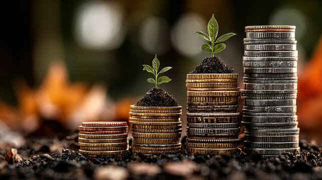 Growing plants on stacked coins symbolizing investment and financial growth.