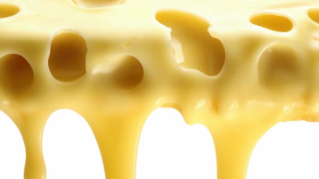 Melted cheese dripping from a crust with pools of gooey cheese and tomato sauce beneath it.