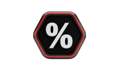 3D Percentage Symbol Icon with Hexagonal Grid and Red Trim