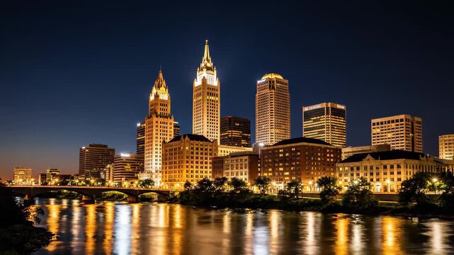 4K Video: Des Moines city skyline transition from sunset to night