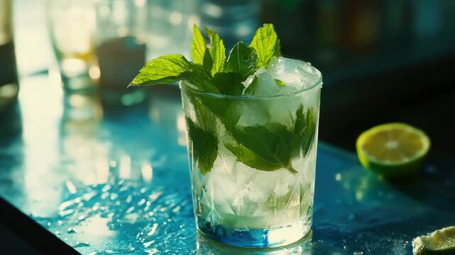 Minty beverage in a clear glass with ice cubes.