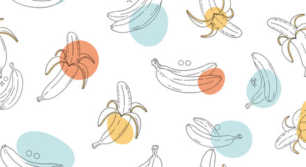 Obraz premium Seamless pattern of hand-drawn bananas both peeled and whole in a line art style with colorful abstract dots in the background.