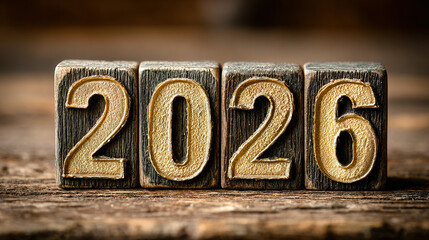 Wooden blocks with the year 2026 carved in gold numbers.