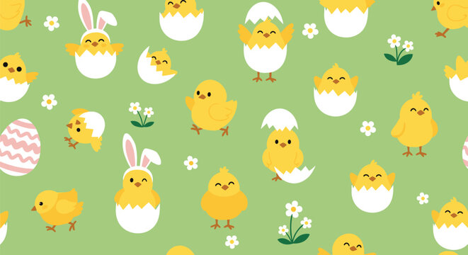 Cute Easter seamless pattern with adorable yellow chicks hatching from eggs some wearing bunny ears on a light green background.