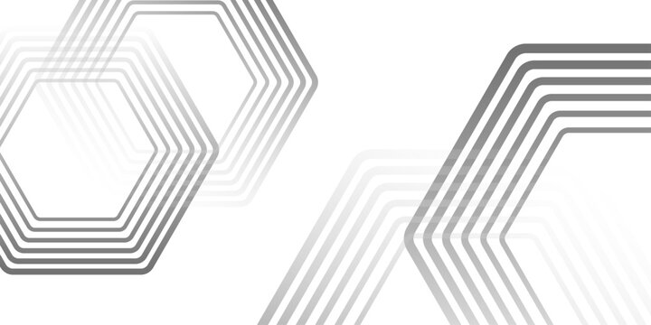 Abstract white background with grey line hexagons. Minimalist geometric striped vector pattern. Modern technology banner with linear tech texture and copy space.