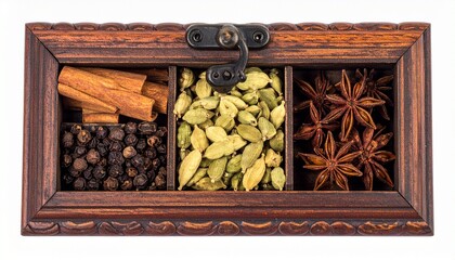 Aromatic Spices in Wooden Box - Cinnamon, Cardamom, Star Anise, Pepper.