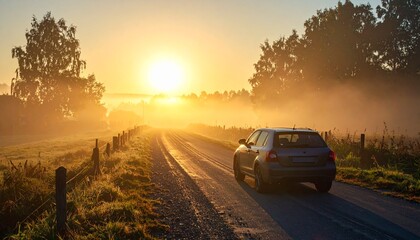 Fototapeta premium Car driving on rural road at sunrise with golden light.