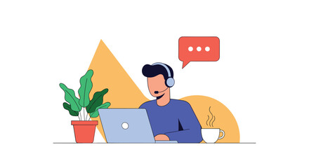 Male customer service representative with a headset works on a laptop providing support in a modern call center environment.