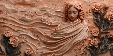 Bas relief sculpture depicting woman resting among flowers and flowing drapery