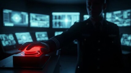 military command room, a red emergency button in foreground, blurred silhouette of a senior officer reaching Urgent situation demands immediate action as blurred hand activates vital emergency button. - Powered by Adobe
