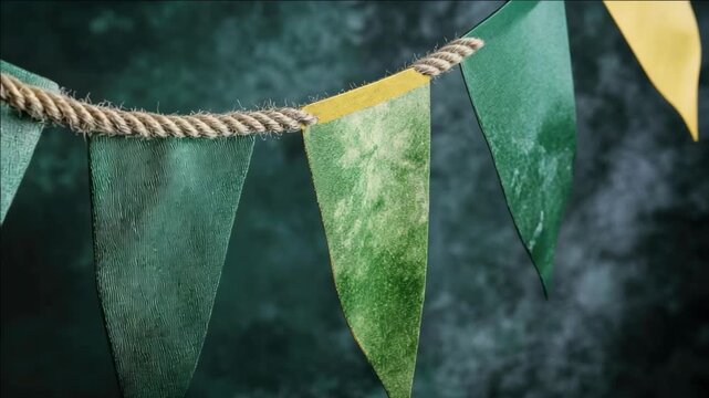 Vibrant banner flags with a mix of yellow and green hues, adorning a rope against a background of foggy trees.