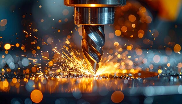 Close-up of a metal drill bit cutting through metal with sparks.