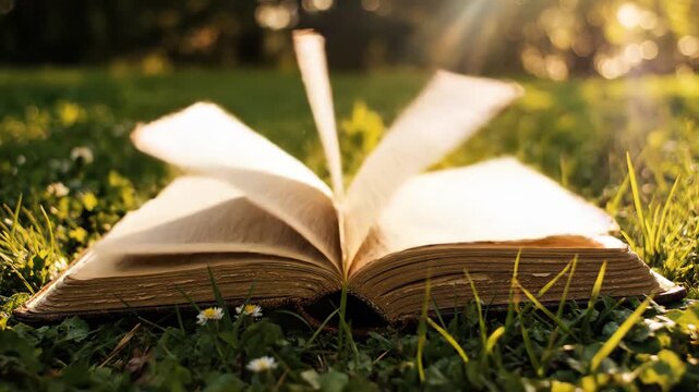 4K Video: Old book pages flipping in the wind on grass