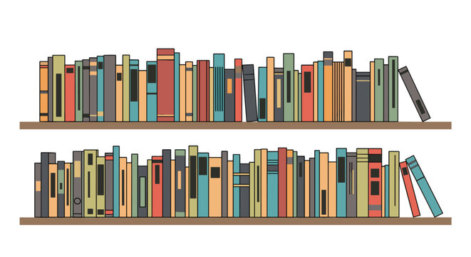 Two long wooden bookshelves filled with a variety of colorful books in a flat vector illustration style perfect for library or education themes.
