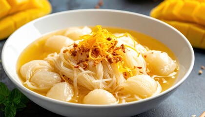 Delicious Bowl of Noodles with Dumplings and Broth.