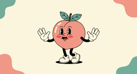 Cheerful retro cartoon mascot of a walking peach character with a vintage face and limbs in a classic 1930s animation style.