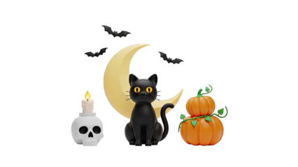 Halloween Scene: Black Cat, Moon, Pumpkins, Skull Candle, and Bats
