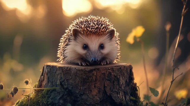 A young hedgehog perched on a tree stump amidst greenery.