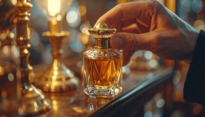 Elegant Perfume Bottle Displayed in Hand with Golden Accents.