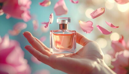 Elegant Perfume Bottle Surrounded by Pink Petals in a Womans Hand.