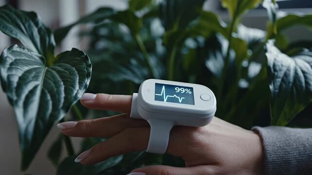 Close-up of person's finger wearing a pulse oximeter with 99% oxygen saturation reading