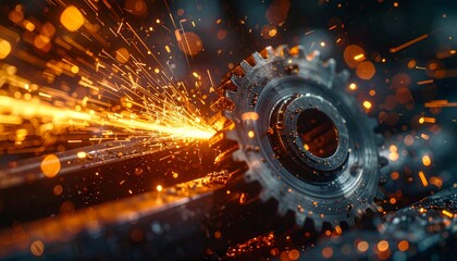 Gear in motion with sparks flying, industrial technology concept.