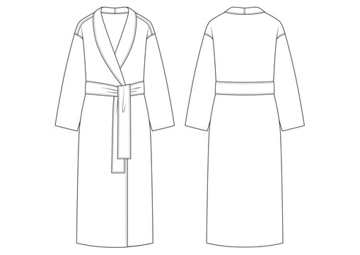 Vector fashion technical drawing of a wrap robe coat with front and back view. Shawl collar. Tie waist detail. Wool & polyester fabric.