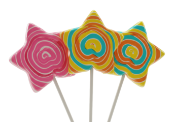 Three distinct star-shaped lollipops, vibrant glossy spiral swirls in pink, orange, yellow, turquoise, white on a transparent background, concept of joyful sweetness