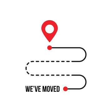 we moved icon with red local geo tag. easy search for new place for office or home and moving or relocate from the old place. abstract graphic element for simple design or store website