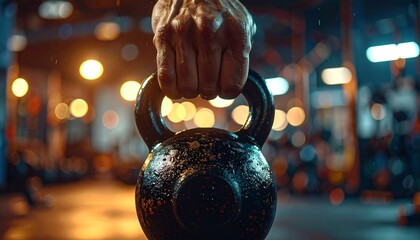 Kettlebell Grip Strength Training in Gym at Night.