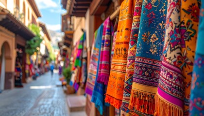 Fototapeta premium Colorful textiles displayed in a vibrant market setting.