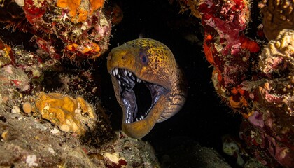 Menacing Moray Eel Peeks Out From Coral Reef Cave.