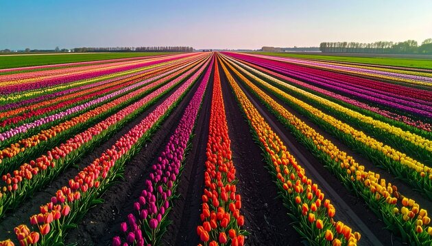 Vibrant aerial view of endless colorful tulip fields stretching to the horizon under a clear blue sky. - Powered by Adobe