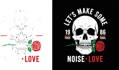 Vintage skull biting red rose vector illustration, retro nineteen eighty six let's make some noise typography for urban streetwear apparel and clothing © Pu's World