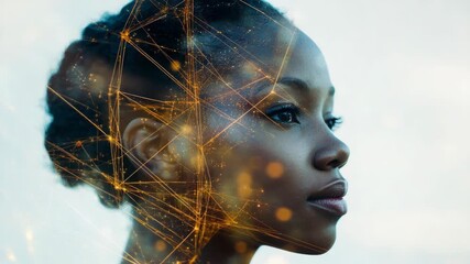 Portrait of a young African-American female with a digital overlaid brain graphic, symbolizing intelligence or technology. - Powered by Adobe