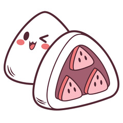 Adorable winking Japanese mochi character illustration with fruit filling, perfect as a Kawaii Sticker, Japanese food design element for menus or promotions
