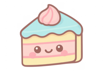 Kawaii cake slice cartoon character smiling on transparent background