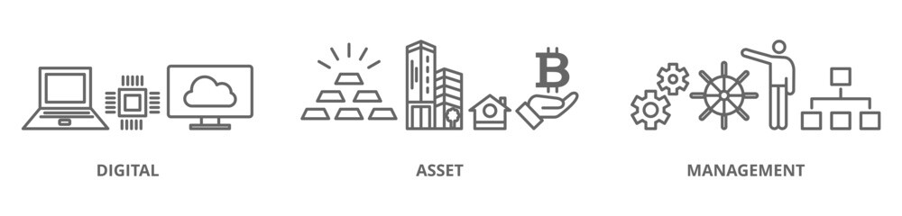 DAM banner web icon illustration concept of digital asset management with icon of binary, automation, processing, design, data, network, and connection