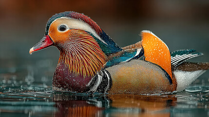 colorful mandarin duck swimming on water surface with detailed feathers