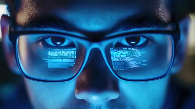 Young man in glasses deeply focused on computer screen, analyzing complex data.