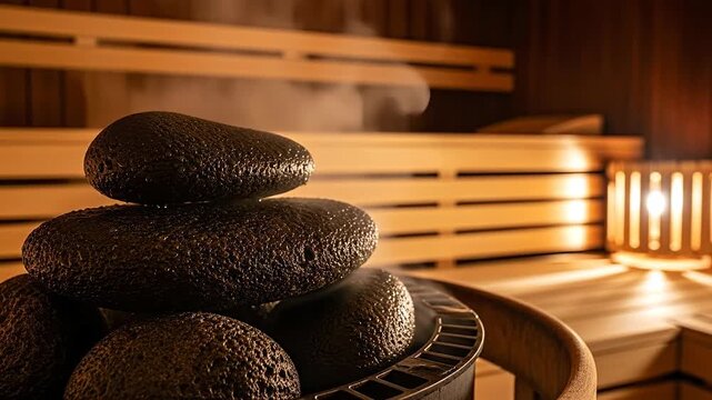 A serene sauna setting with hot stones and wooden decor.