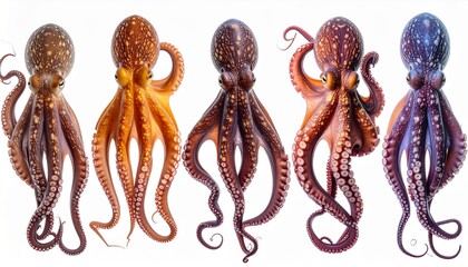 A vibrant collection of octopuses showcasing their diverse colors and patterns.