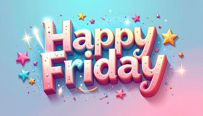 Happy Friday colorful 3D text with stars and glitter