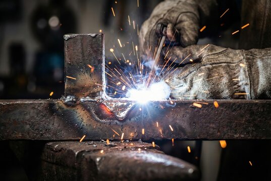 Blacksmith welding steel beam with sparks in workshop
