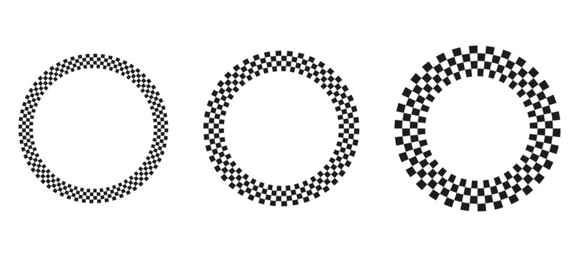 Set of round frames with black-and-white checkerboard pattern. Circular borders featuring race flag or chessboard designs. Vector illustration, isolated on white background.