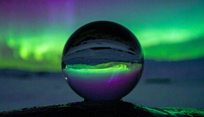 Aurora Borealis captured in a crystal ball, a magical display of nature.