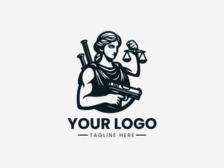 Fototapeta premium Themis justice figure holding a gun symbolizing law enforcement authority and firm legal protection in black vector logo illustration