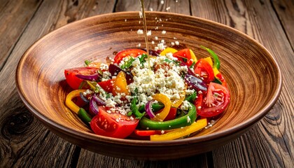 Colorful Vegetable Salad with Feta Cheese in Wooden Bowl.
