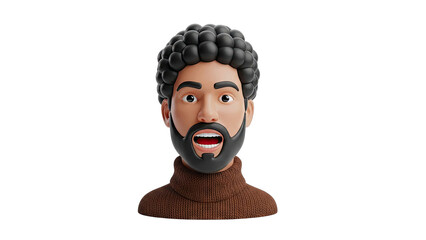 3D Cartoon Man with Curly Hair and Beard, Surprised Expression