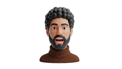 3D Cartoon Man with Curly Hair and Beard, Surprised Expression